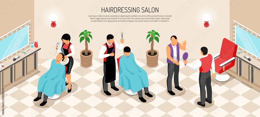 Sticker barber shop isometric horizontal illustration