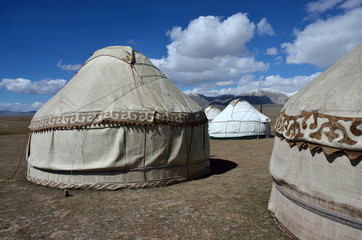 Yurt camp at Son-Kul ("last lake"),Tian Shan mountains with beautiful traditional nomadic houses,Kyrgyzstan