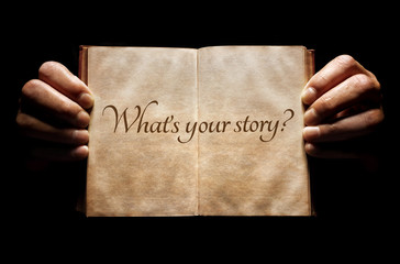 What's your story? hands holding an open book background with question