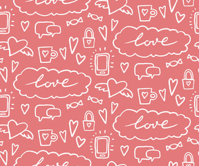 seamless pattern on romantic theme. Vector illustration. doodle Wedding pattern. Valentine hearts