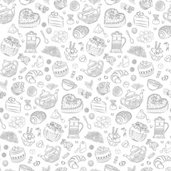 seamless pattern with tea, hearts and sweets