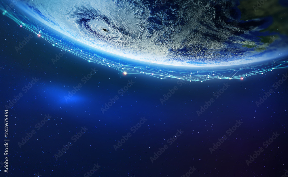 Poster Earth view from space. Global network. Blockchain technology. Planet and communication. Future world 3D illustration. Elements of this image are furnished by NASA