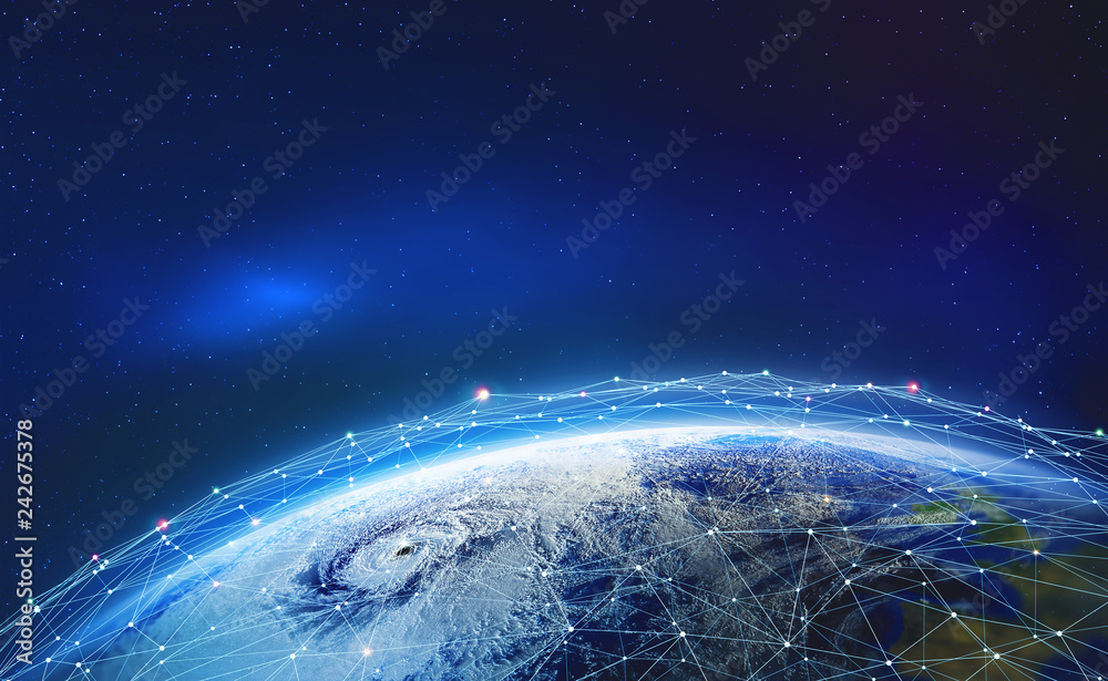 Poster Earth view from space. Global network. Blockchain technology. Planet and communication. Future world 3D illustration. Elements of this image are furnished by NASA