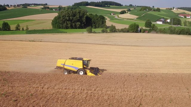 Aerial of a yellow combine harvester in a beautiful golden wheat field as it harvests on a bright sunny day in bavaria germany