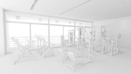 Fitnesscenter mit Geräten ganz in weiß