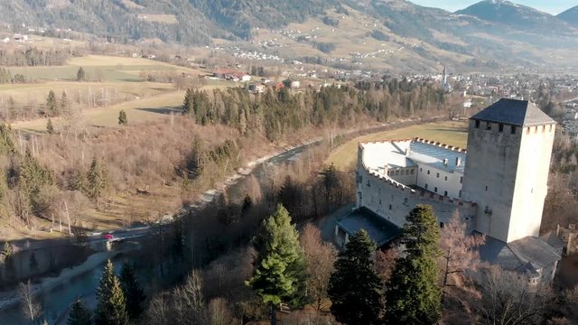 Lienz Castle aerial view in winter, Austria