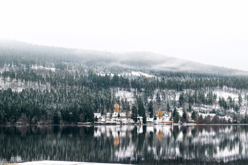 Lagos Titisee y Schluchsee en la Selva Negra, Alemania. Paisaje invernal con perfectos reflejos en el lago y mont&ntilde;as cubiertas de nieve y niebla