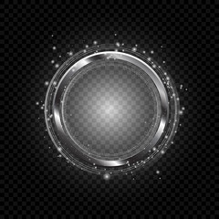 Vector silver frame with lights effects. Shining circle banner. Isolated on transparent background. Vector illustration, eps 10