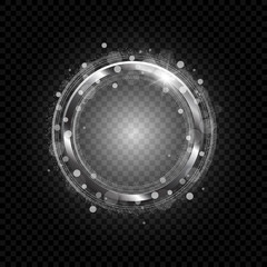 Vector silver frame with lights effects. Shining circle banner. Isolated on transparent background. Vector illustration, eps 10