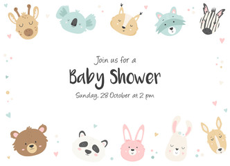 Baby Shower Invitation with cute animals. - obrazy, fototapety, plakaty