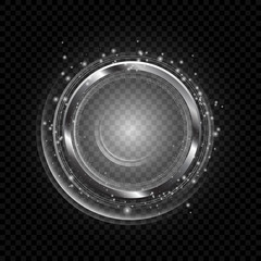 Vector silver frame with lights effects. Shining circle banner. Isolated on transparent background. Vector illustration, eps 10
