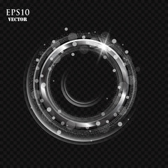 Vector silver frame with lights effects. Shining circle banner. Isolated on transparent background. Vector illustration, eps 10