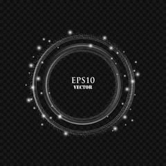 Vector silver frame with lights effects. Shining circle banner. Isolated on transparent background. Vector illustration, eps 10
