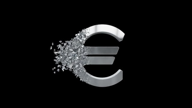 Fractured Euro value 3d model with disappearing effect. Financial crisis concept. Available in FullHD and HD video.