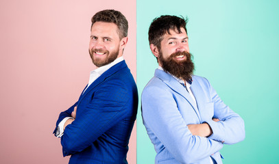 Businessman stylish appearance jacket pink blue background. Business partners with bearded faces. Business fashion luxury menswear. Formal outfit for manager. Business people fashion and formal style