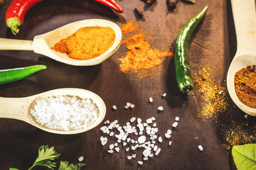 Hot chili peppers and spices in wooden spoons on a dark background.