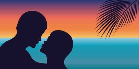 romantic kiss couple on the beach at sunset with palm leaf vector illustration EPS10