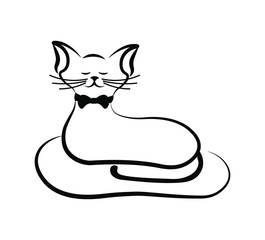 Sleeping cat in black outline on white background.