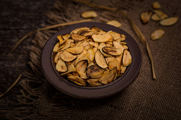 Roasted Garlic Slices. Selective focus.