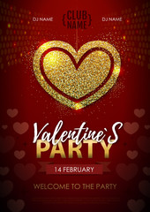 Happy Valentines day disco party poster. Golden sparkle love heart symbol