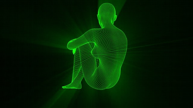 4K Futuristic Wireframe Android AI Shine Woman Sitting Pensive Seamless Loop