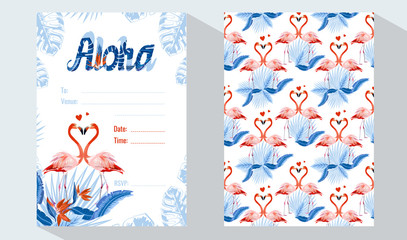 Exotic flamingo and tropical palm leaves, plants, bird of paradise. Aloha card set. Vector design templates. Design element for card, poster, banner, and other use.
