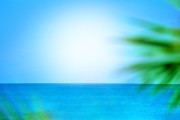 Abstract blurred background, blue sea and sky, sunlight, green palm branches, design concept for travel banner, exotic resort poster, summer holidays, relax vacation on tropical beach, copy space 