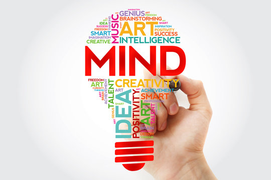 MIND bulb word cloud with marker, concept background