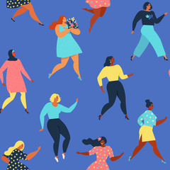 Dancing women. Womens seamless pattern. Vector templates with women different nationalities and cultures. Trendy retro style vector.