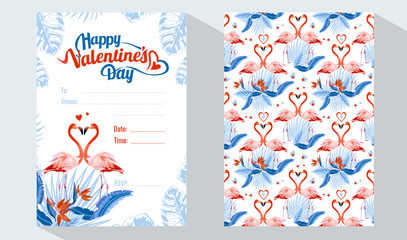 Happy Valentine's Day card set. Exotic flamingo and tropical palm leaves, plants, bird of paradise. Vector design templates. Design element for card, poster, banner, and other use. 