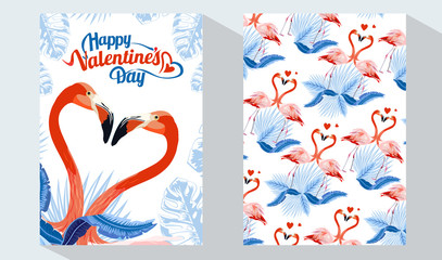 Happy Valentine's Day card set. Exotic flamingo and tropical palm leaves, plants. Vector design templates. Design element for card, poster, banner, and other use. 