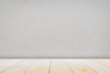 Empty wooden deck table over surface marble stone pattern seamless terrazzo at the wall background for present product.