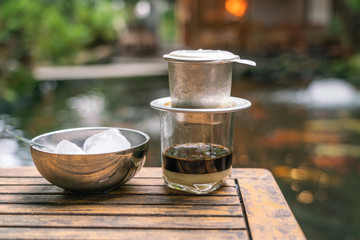 Close up of traditional Vietnamese coffee with condensed milk