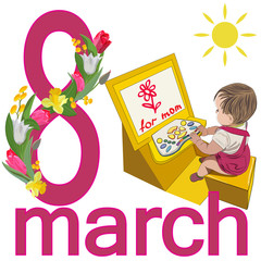  women's day card with a picture of a child, congratulating mom and numbers 8 with a garland of tulips, daffodils and Mimosa