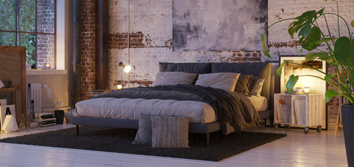 bed in old vintage industrial loft apartment with candle light- 3d rendering