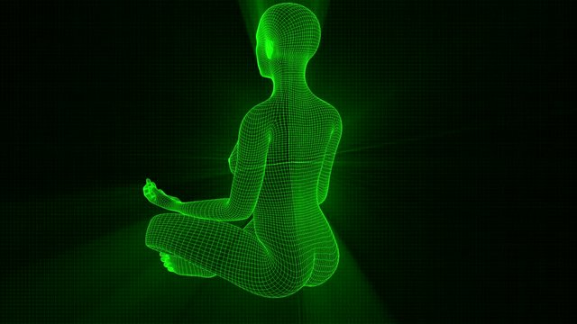 4K Futuristic Wireframe Android AI Shine Woman Yoga Lotus Meditation Seamless Loop