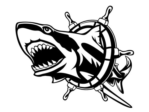 Toothy great white shark fishing logo. Strong shark fishing sports mascot emblem. Angry fish vector background.