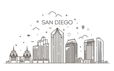 Linear San Diego city skyline vector background