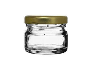 empty glass jar for canned food with a metal cover close up on a white background