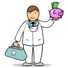 Cartoon Zahnarzt hält Sparschwein