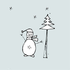 Snowman and snow on the background of the Christmas tree