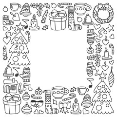 Christmas, holiday, winter, vector illustration. New Year's pattern, children's drawings with a teacher, frame.