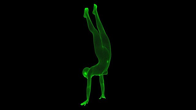 4K Futuristic Wireframe Android AI Woman Handstand Pose Seamless Loop