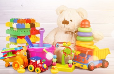 Composition of various toys on blurred background