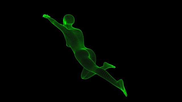 4K Futuristic Wireframe Android AI Woman Jumping Flying Seamless Loop