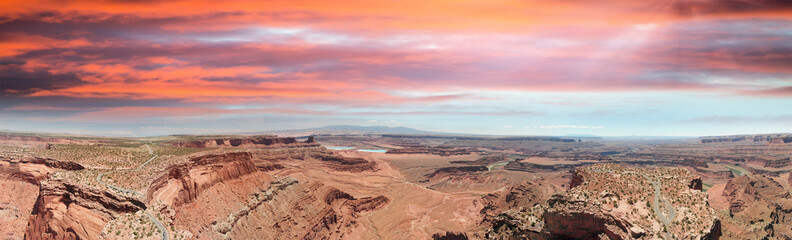 Aerial panorama of Dead Horse in Canyonlands at dusk, Utah. Amazing view on a hot summer day
