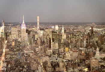 Night aerial view of Midtown Manhattan from a high vantage point, New York City