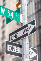 One way street signs in New York City
