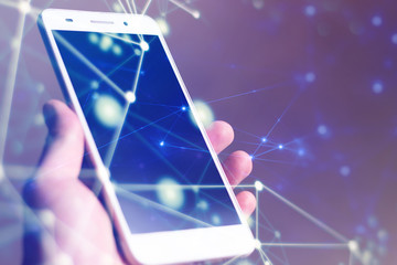 man pick mobile phone with blue background in business network telecom concept