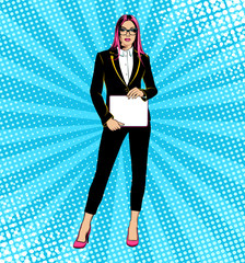 Business woman in costume. Pop art style. Vector illustration.